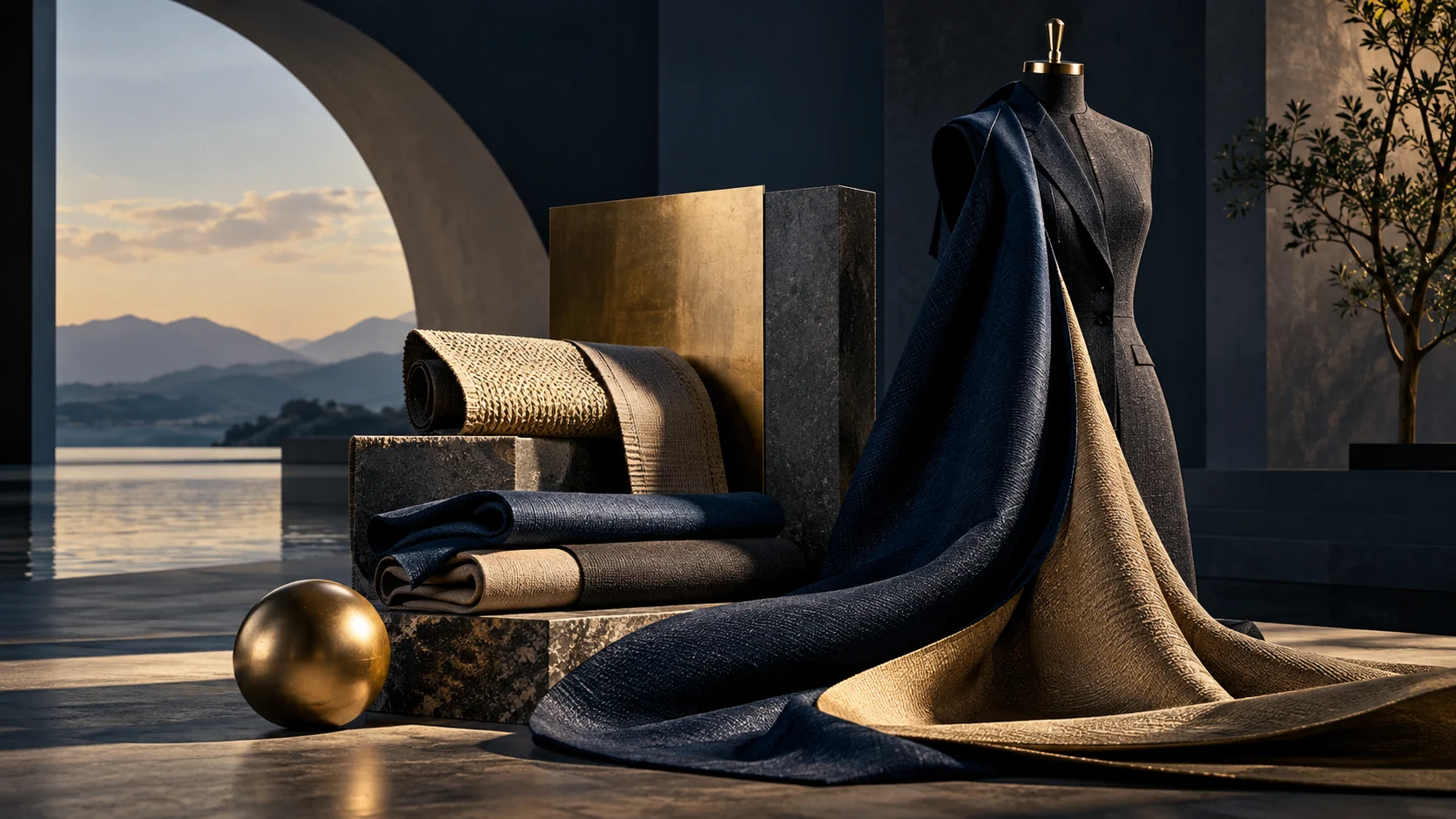 Editorial composition of dark and gold textiles, stone and material samples in an architectural setting