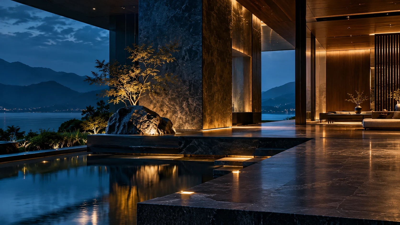Contemporary architectural living space with stone, warm wood, glass and reflected light